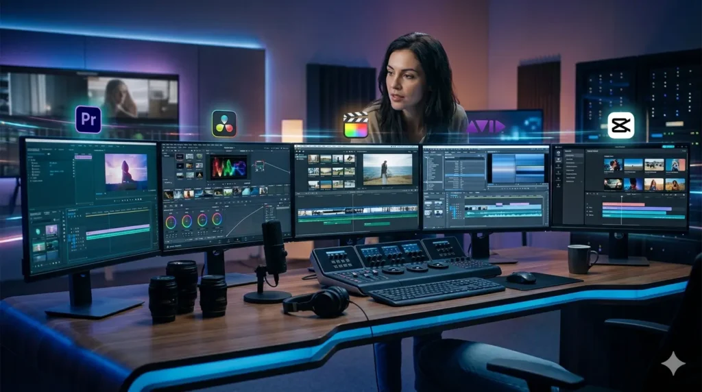 Side-by-side comparison of five professional video editing software interfaces.